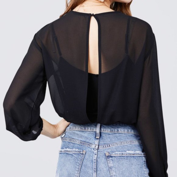 NWT- Women's Long Sleeve Open Back Bodysuit with Round Neck, Black - Picture 2 of 4